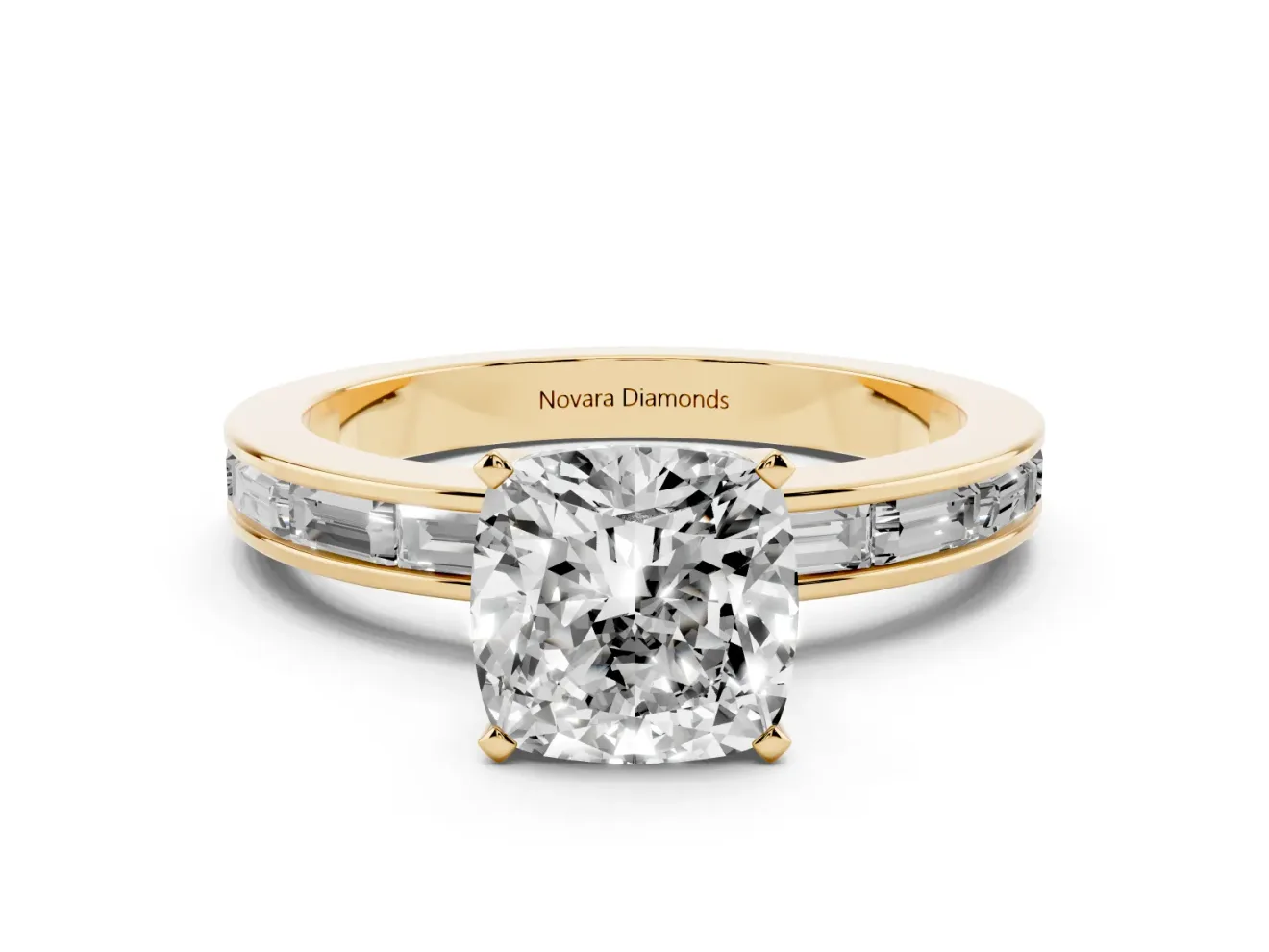 Cushion Cut Channel Set Engagement Ring Setting | Baguette Side Stones | Yellow Gold