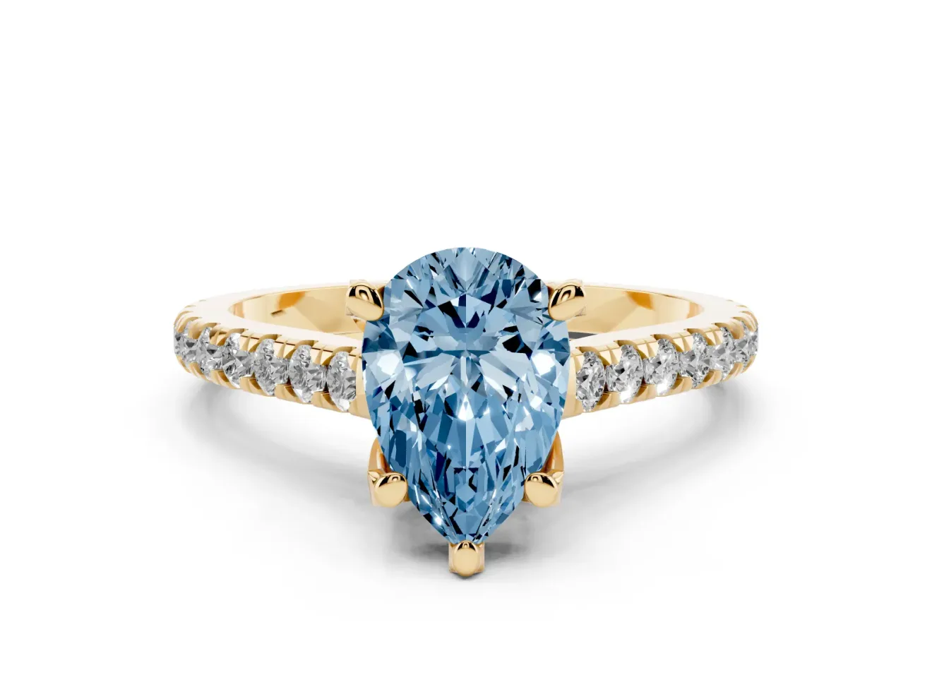 Fancy Blue Pear Cut Diamond Solitaire Ring Set in Yellow gold with Brilliant Pavé Band and Prong Setting