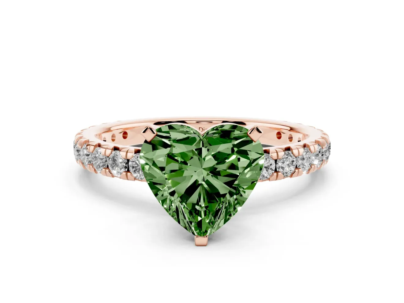 Fancy Green Heart Cut Diamond Pavé Solitaire Ring Set in Rose gold with Round Band and Prong Setting