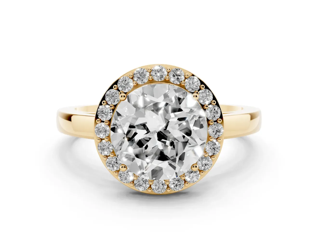 Round Thin Halo Low Profile Engagement Ring Setting | Slim Plain Band | Yellow Gold