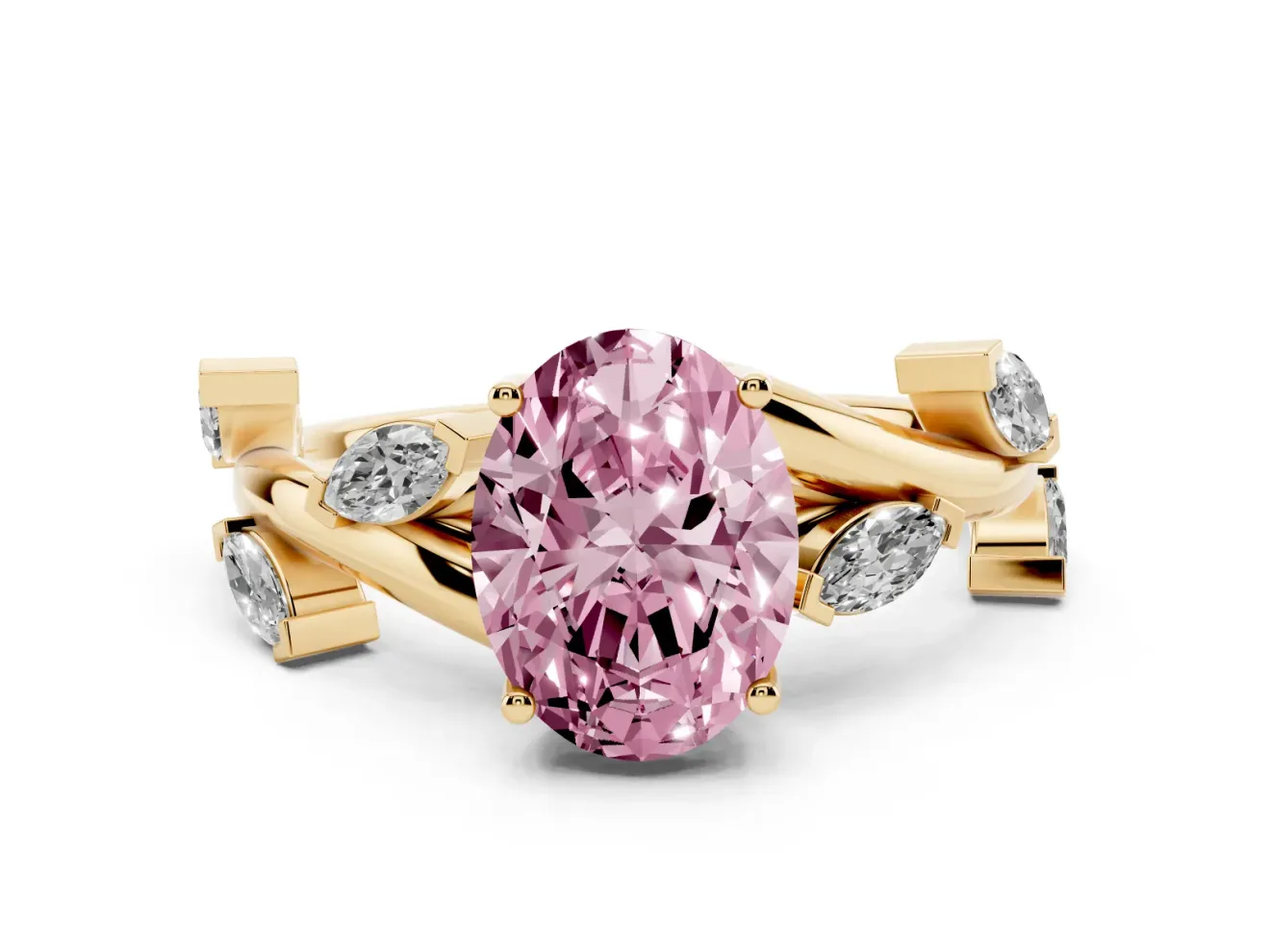 Fancy Pink Oval Cut Diamond Solitaire Ring Set in Yellow gold with Twisted Marquise Accent Band