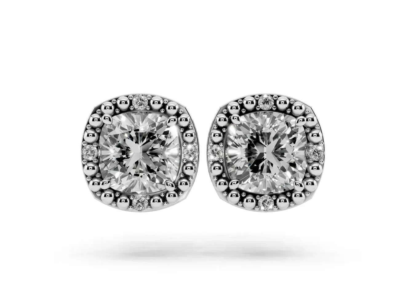 Cushion Cut Lab-Grown Diamond Beaded Halo Stud Earrings | Four Round Accents | White Gold