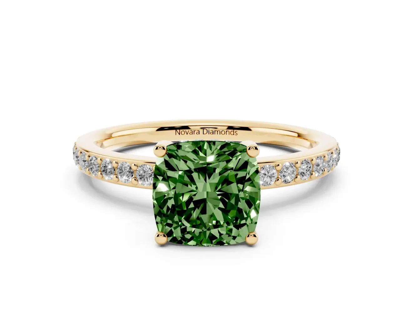 Fancy Green Cushion Cut Diamond Pavé Band Ring Set in Yellow gold with Prong-Set Center Stone