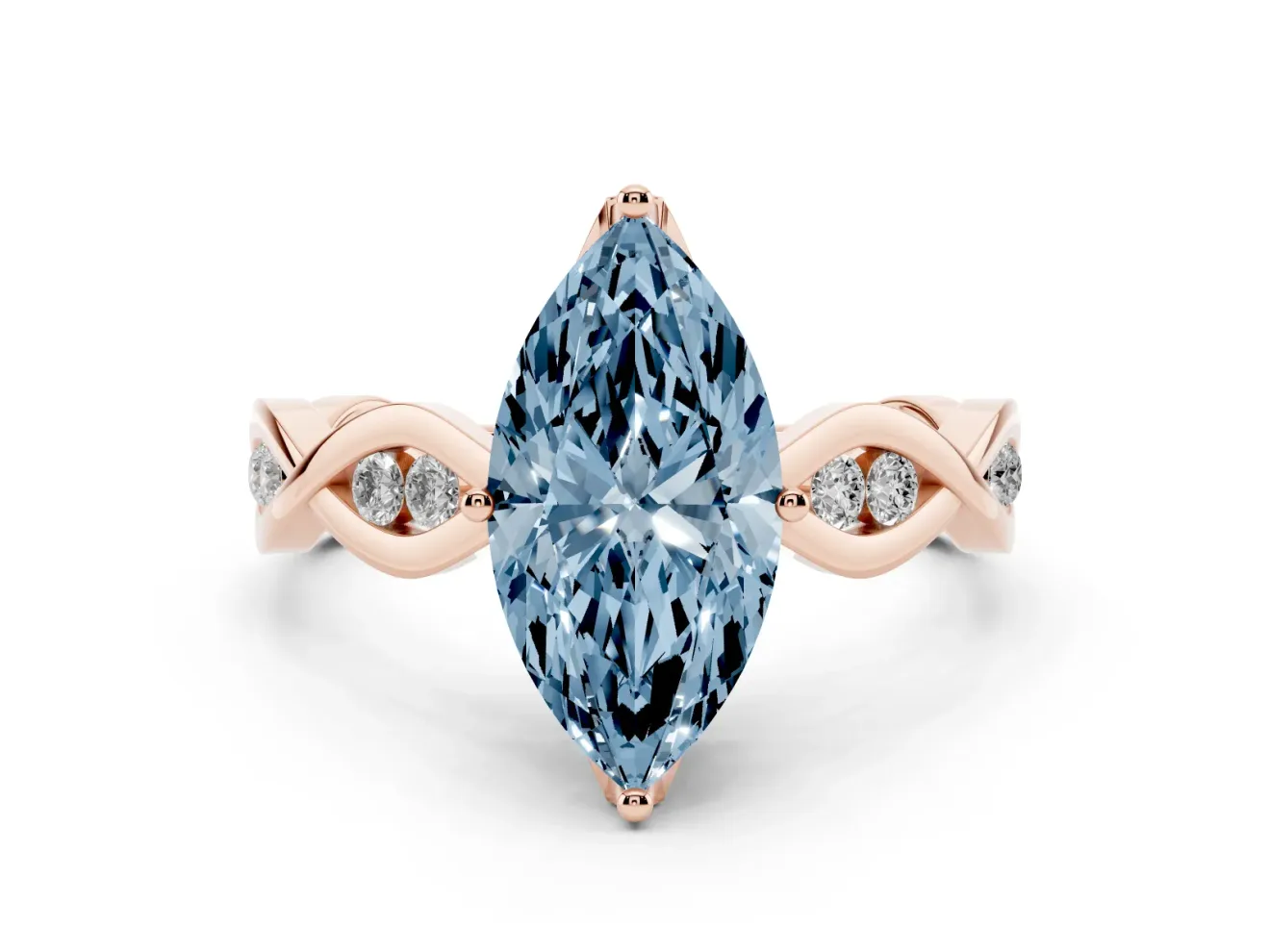 Fancy Blue Marquise Cut Diamond Twist Band Solitaire Ring Set in Rose gold with Leaf Prong Setting and Accent Stones