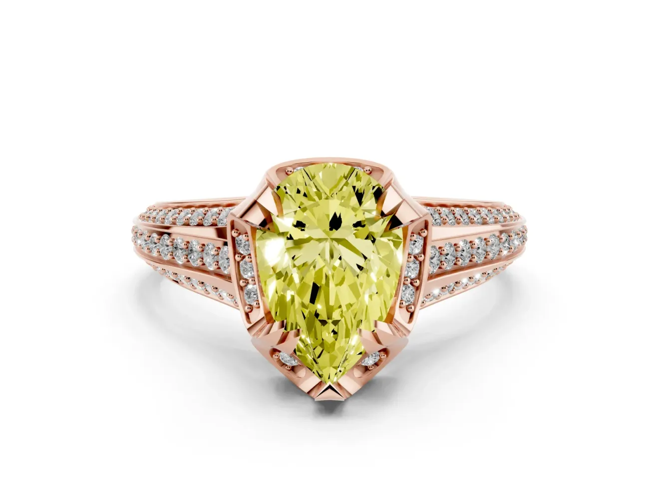 Fancy Yellow Pear Cut Diamond Pavé Split Shank Solitaire Ring Set in Rose gold with Prong Setting