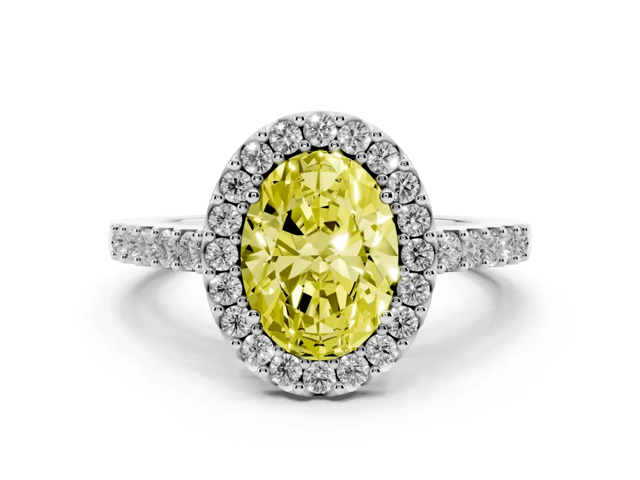 Fancy Yellow Oval Cut Diamond Halo Pavé Solitaire Ring Set in Silver with Prong-Set Center Stone