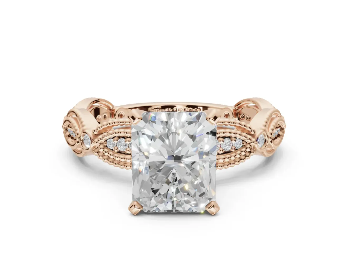 Radiant Cut Vintage Milgrain Engagement Ring Setting | Graduated Stations | Rose Gold