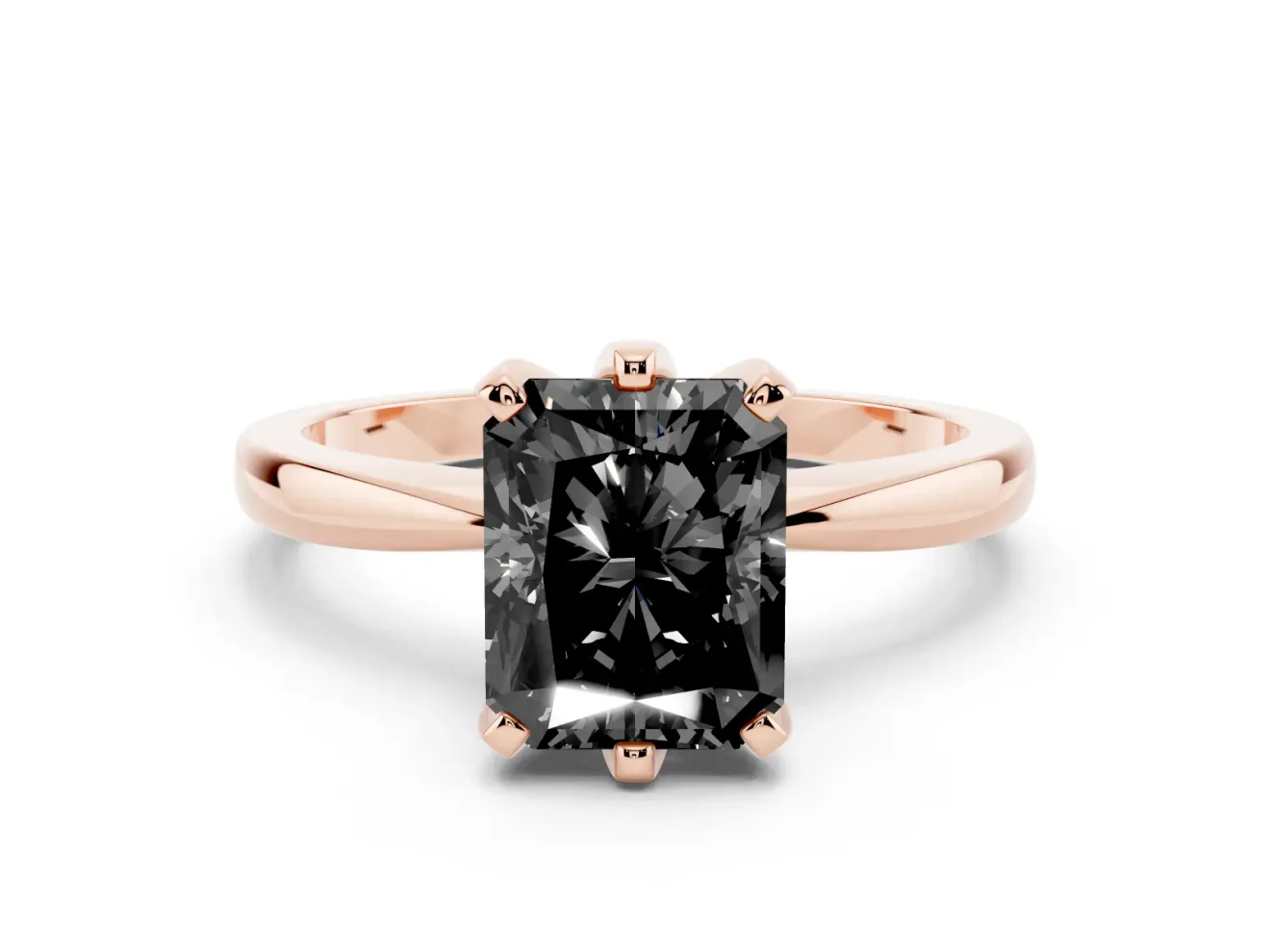 Fancy Black Radiant Cut Diamond Solitaire Engagement Ring Set in Rose gold with Slim Tapered Solitaire Band