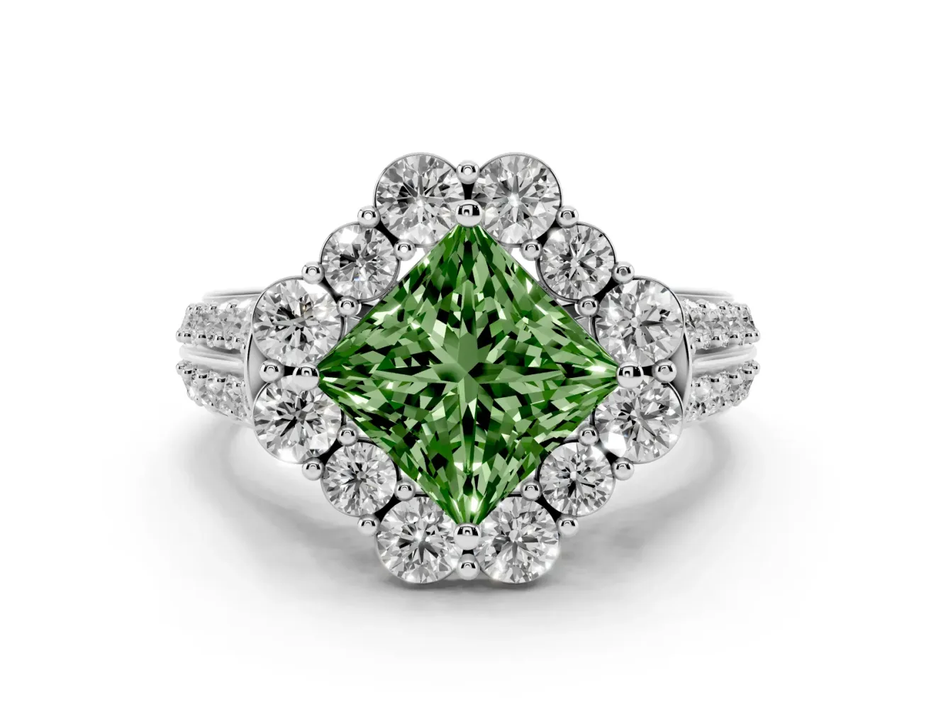 Fancy Green Princess Cut Diamond Halo Engagement Ring Set in Silver with Split Shank and Prong Setting