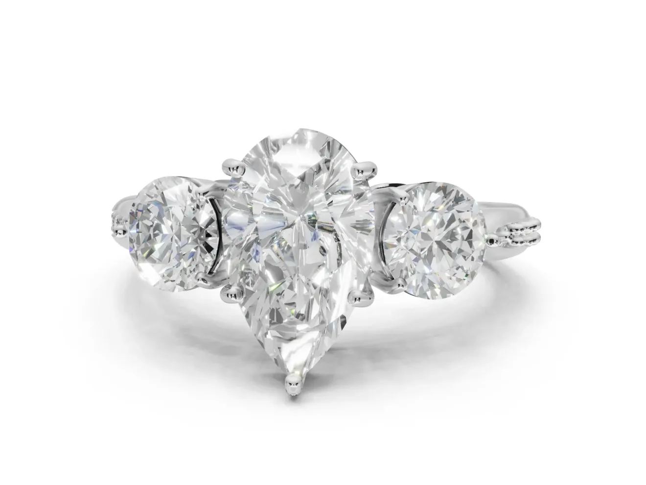 Pear-Shaped Three Stone Engagement Ring Setting | Tapered Pave Band | Sterling Silver