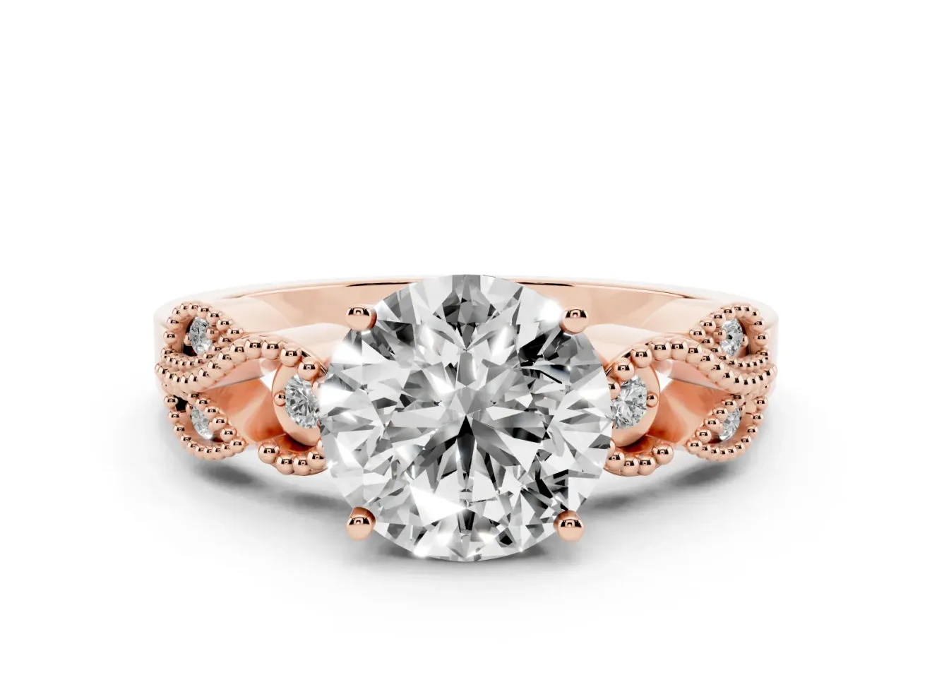 Round Cut Diamond Milgrain Leaf Band Solitaire Ring Set in Rose gold with Accent Stones and Prong Setting