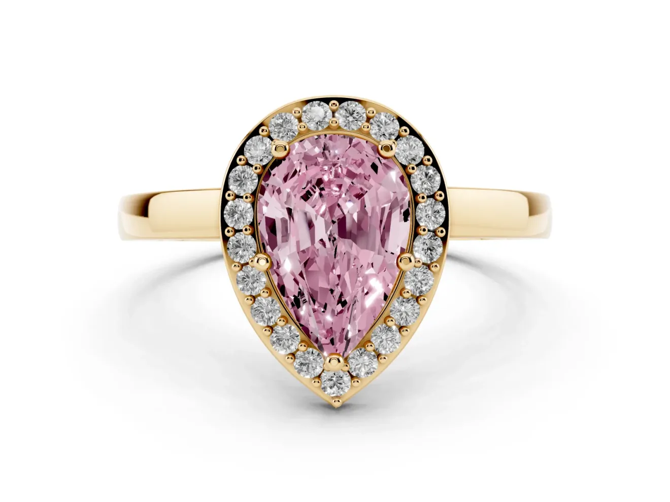 Fancy Pink Pear Cut Diamond Halo Ring Set in Yellow gold with Solitaire Band and Prong Setting