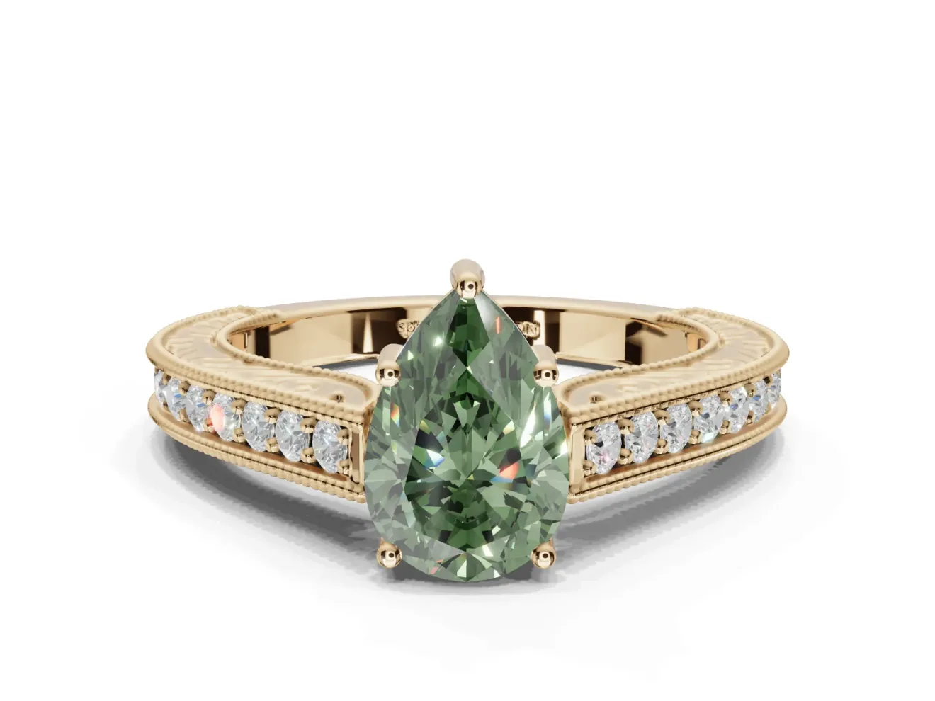 Pear-Shaped Vintage Engagement Ring Setting for a Fancy Green Lab-Grown Diamond | Yellow Gold - Design NV-24644