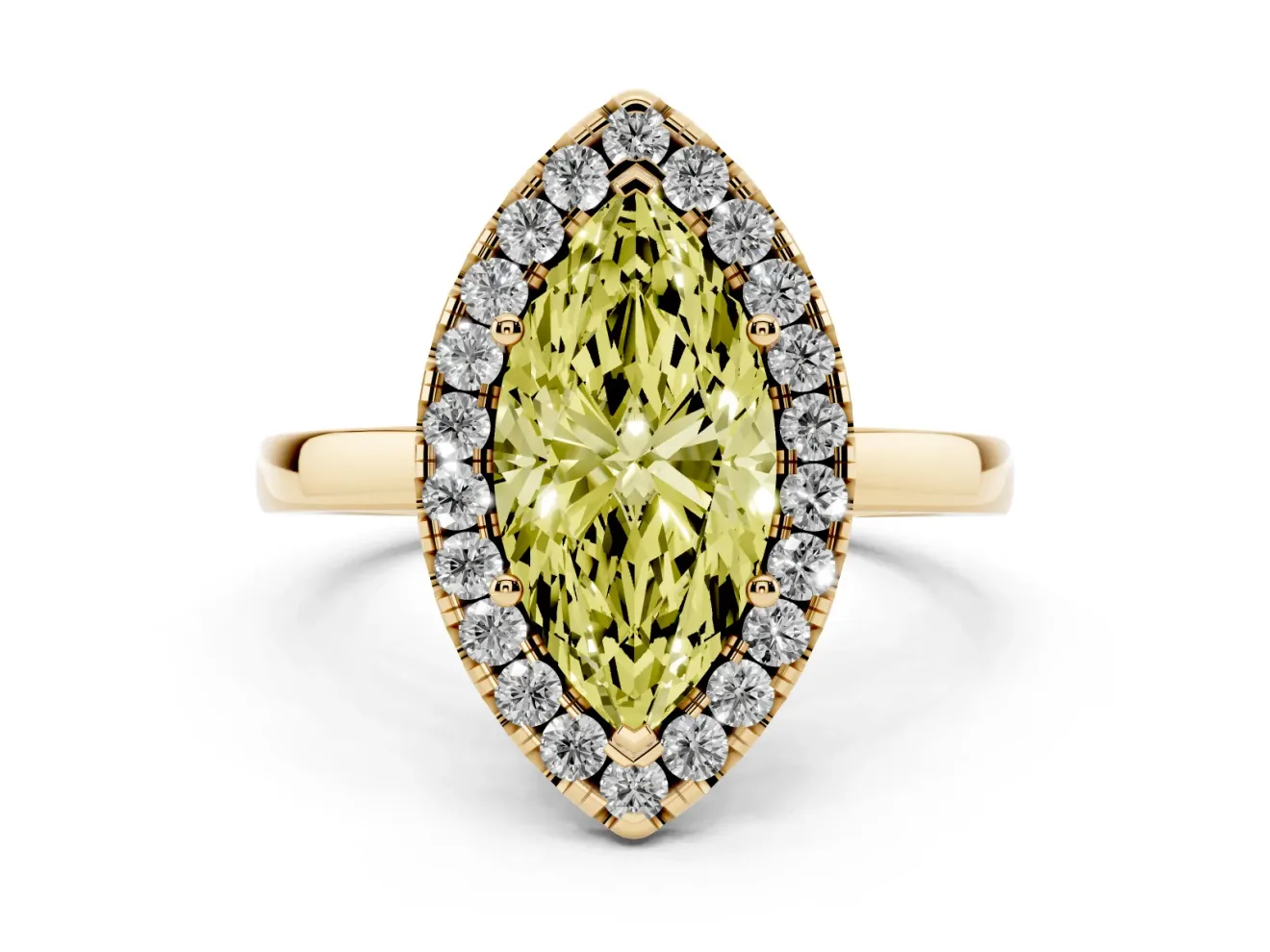 Fancy Yellow Marquise Cut Diamond Halo Solitaire Ring Set in Yellow gold with Pavé Band and Prong Setting