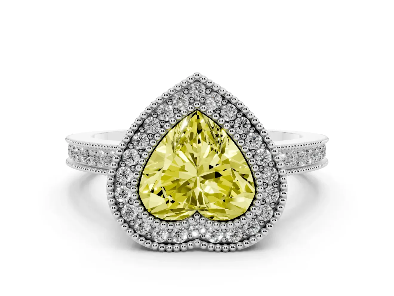 Fancy Yellow Heart Cut Diamond Halo Ring Set in White gold with Pavé Band and Milgrain-Edged Prongs