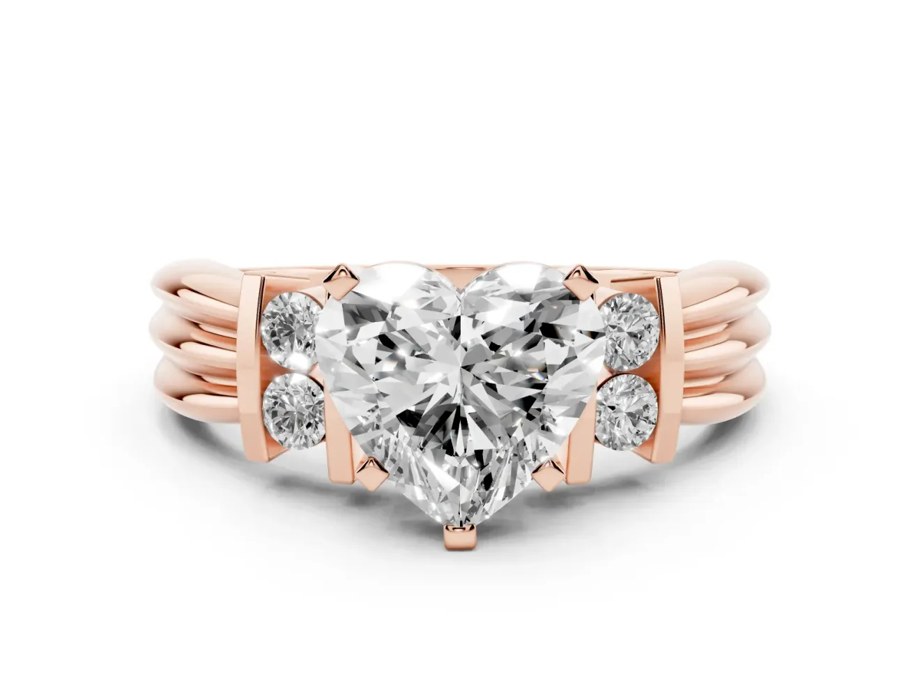 Three-Stone Heart Cut Diamond Channel Set Ring Set in Rose gold with Bar Prongs