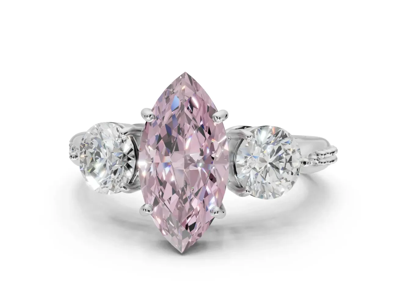 Marquise Three Stone Engagement Ring Setting for a Fancy Pink Lab-Grown Diamond | Tapered Pave Band | Sterling Silver