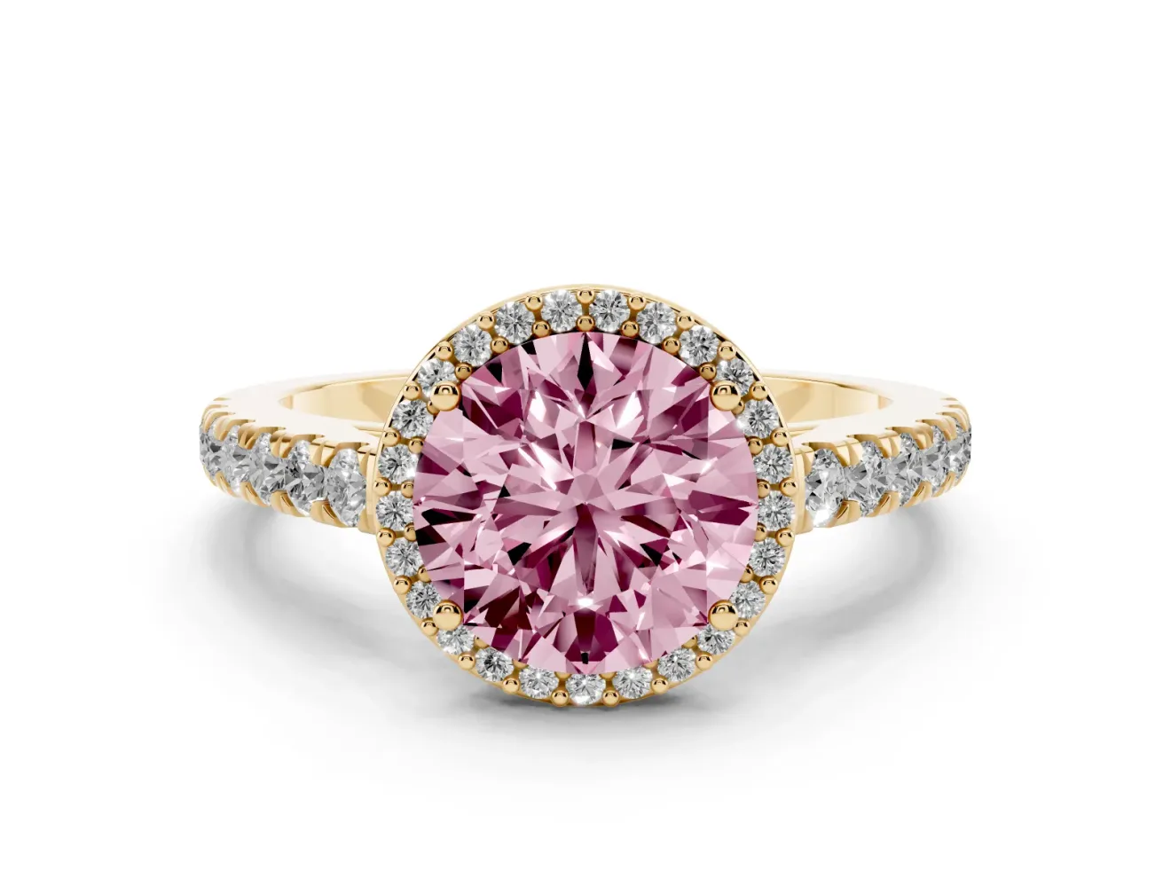 Round Halo Pavé Engagement Ring Setting for a Fancy Pink Lab-Grown Diamond | Yellow Gold