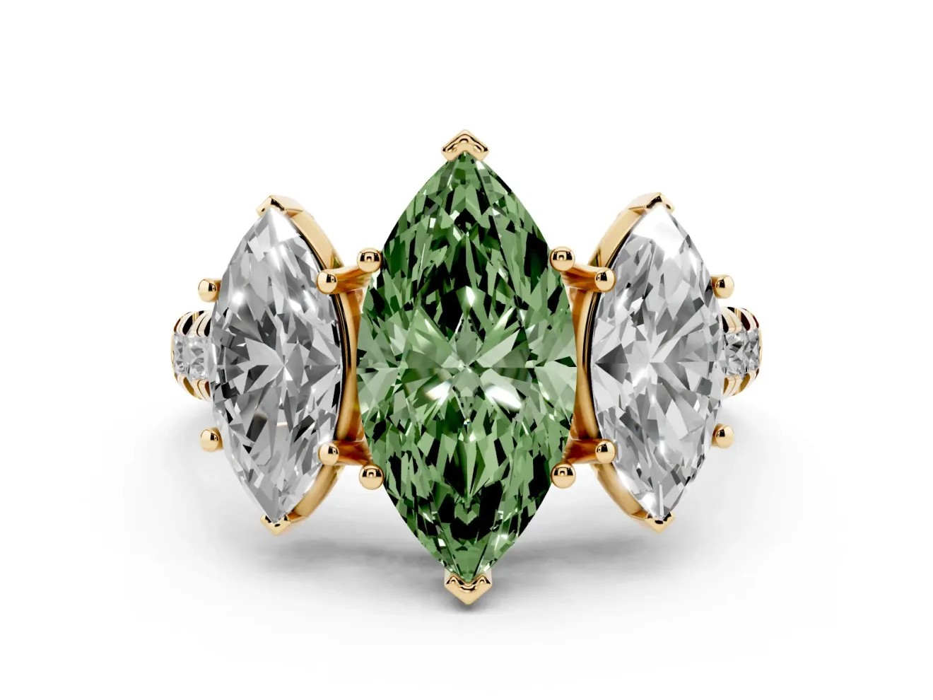 Marquise Three Stone Engagement Ring Setting for a Fancy Green Lab-Grown Diamond | Accented Shoulders | Yellow Gold