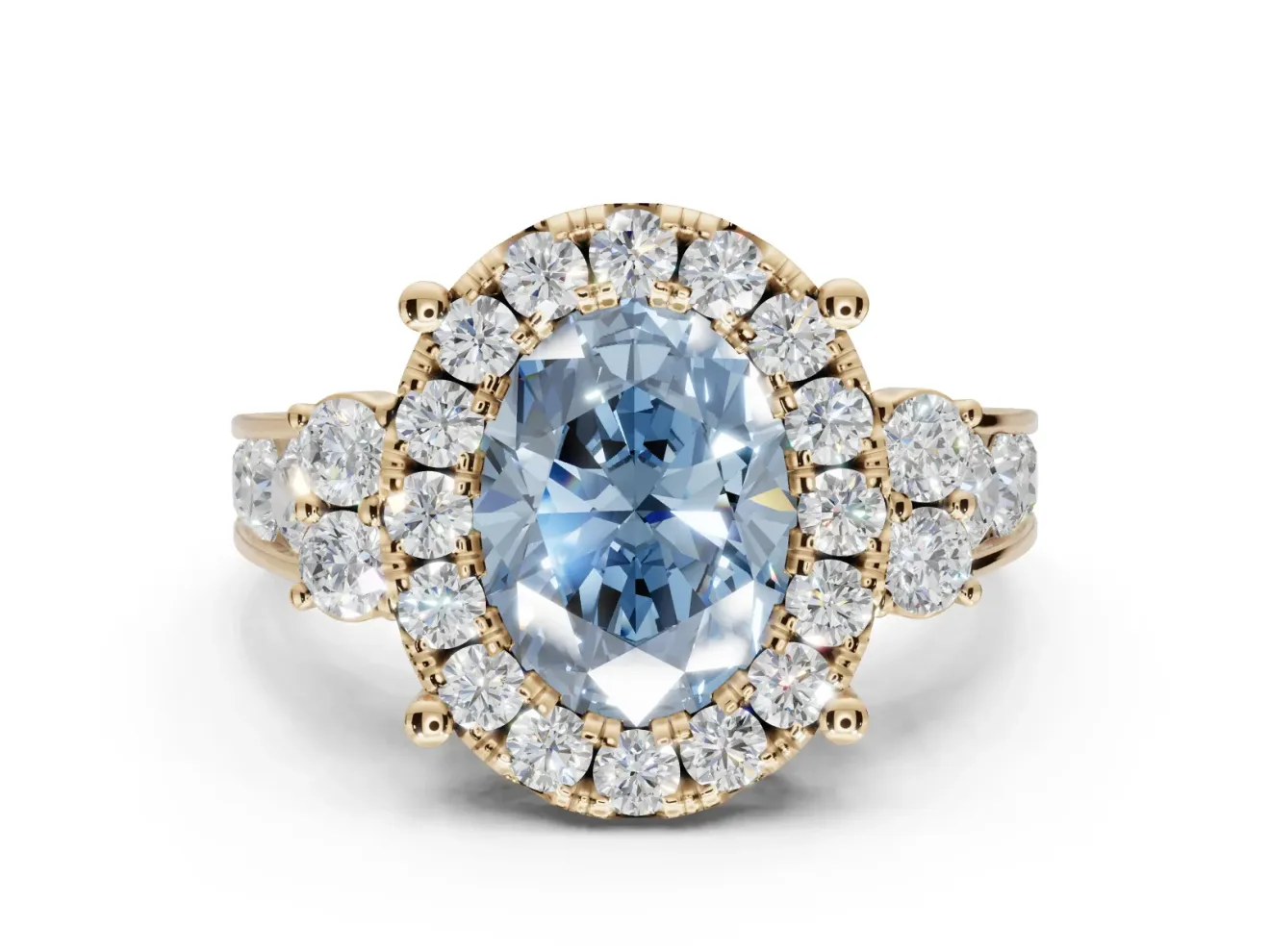 Oval Halo Engagement Ring Setting for a Fancy Blue Lab-Grown Diamond | Side Clusters | Yellow Gold