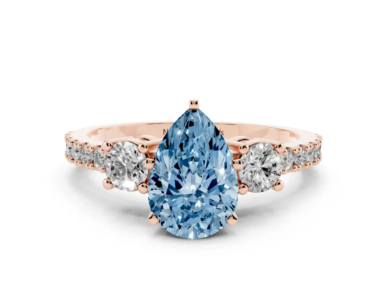 Fancy Blue Three-Stone Pear Cut Diamond Pavé Band Ring Set in Rose gold with Prong Setting
