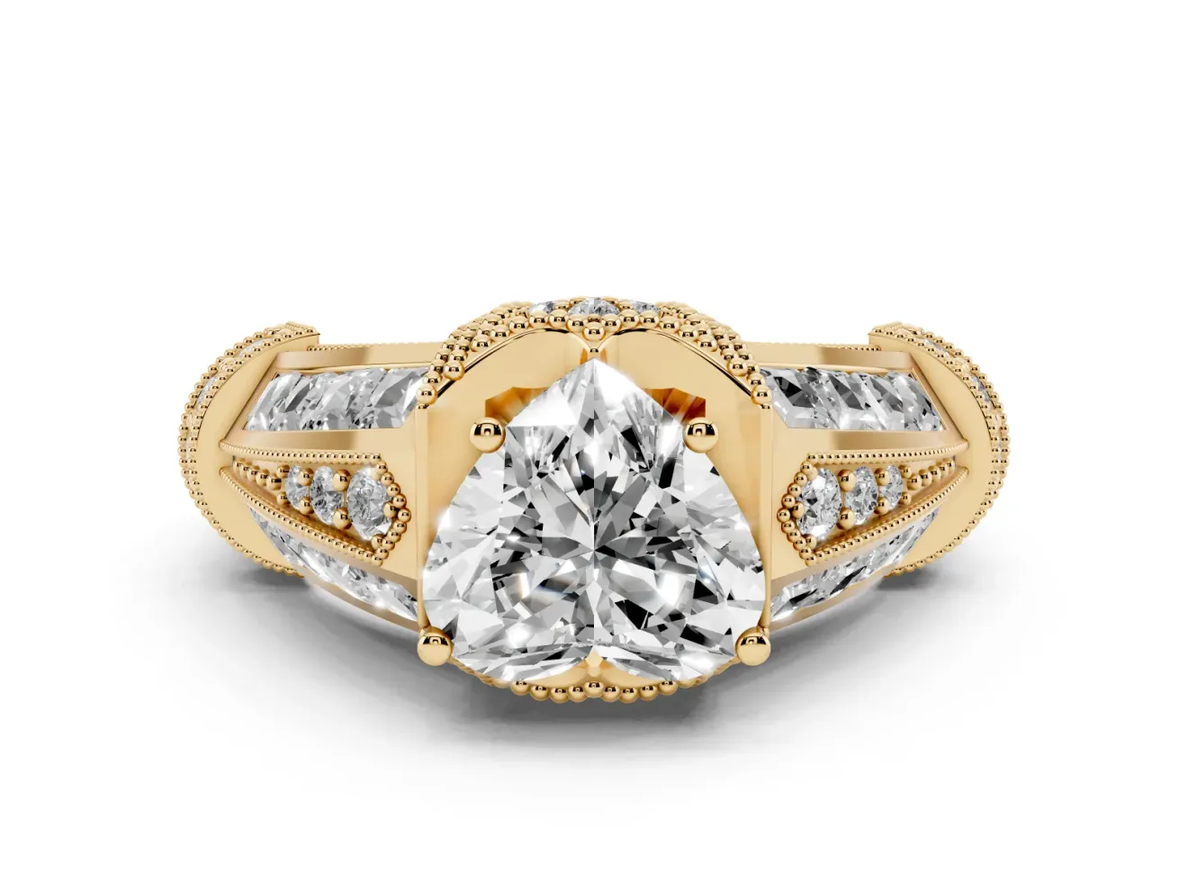 Heart Cut Diamond Vintage-Inspired Milgrain Ring Set in Yellow gold with Accent Split Shank