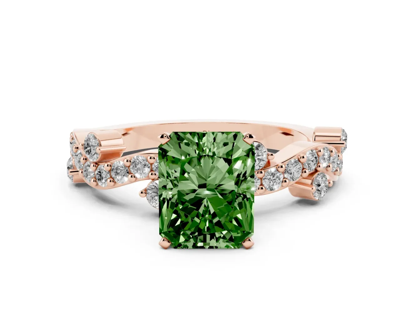 Fancy Green Radiant Cut Diamond Solitaire Twisted Band Set in Rose gold with Pavé Setting