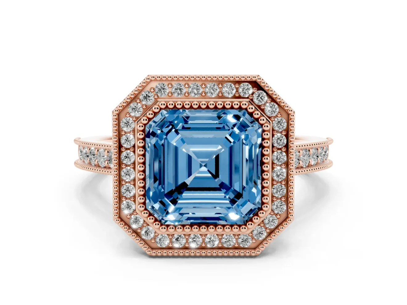 Asscher Cut Vintage Milgrain Halo Engagement Ring Setting for a Fancy Blue Lab-Grown Diamond | Bezel Head | Rose Gold