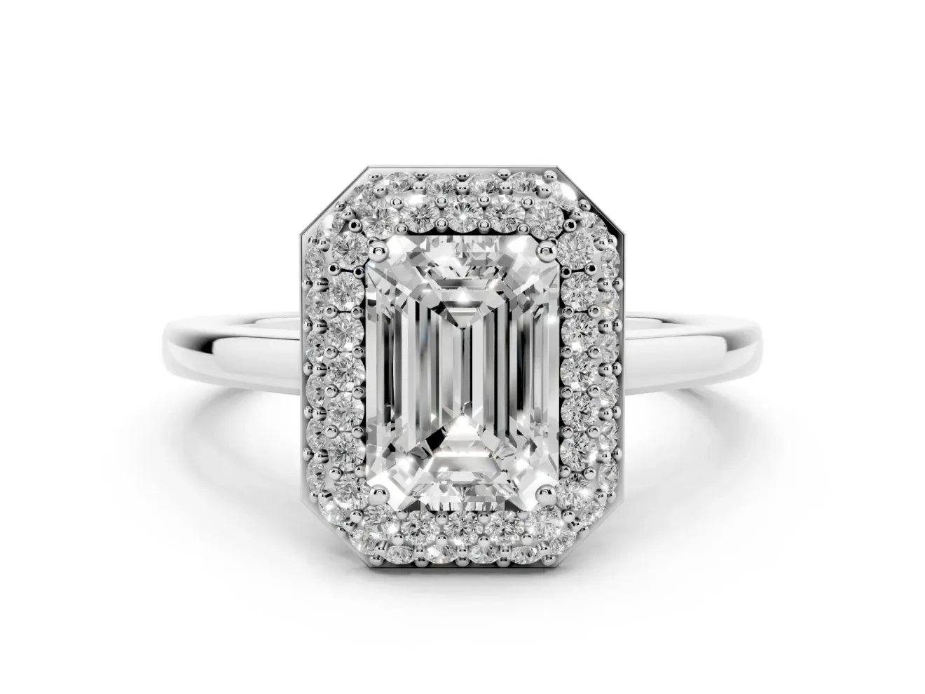 Emerald Cut Diamond Halo Engagement Ring Set in Silver with Solitaire Band and Prong Setting
