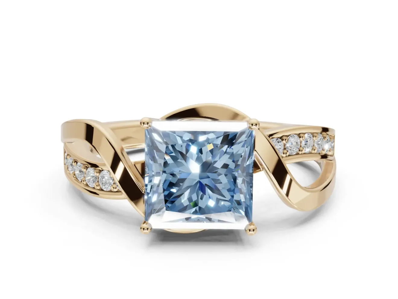Princess Cut Bypass Solitaire Engagement Ring Setting for a Fancy Blue Lab-Grown Diamond | Pavé Strands | Yellow Gold