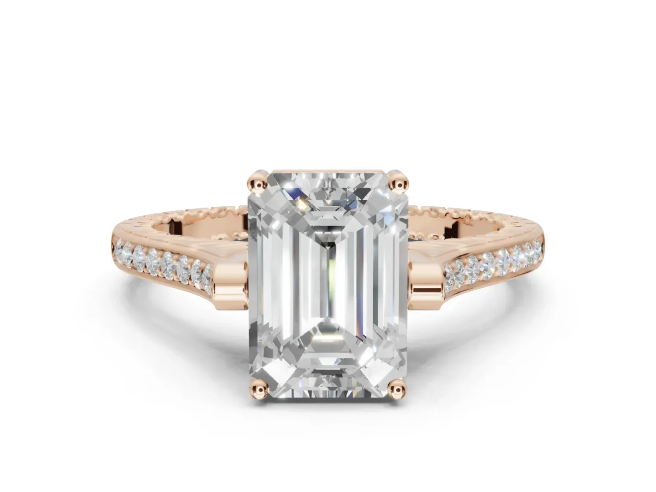 Emerald Cut Vintage Cathedral Engagement Ring Setting | Carved Band | Rose Gold