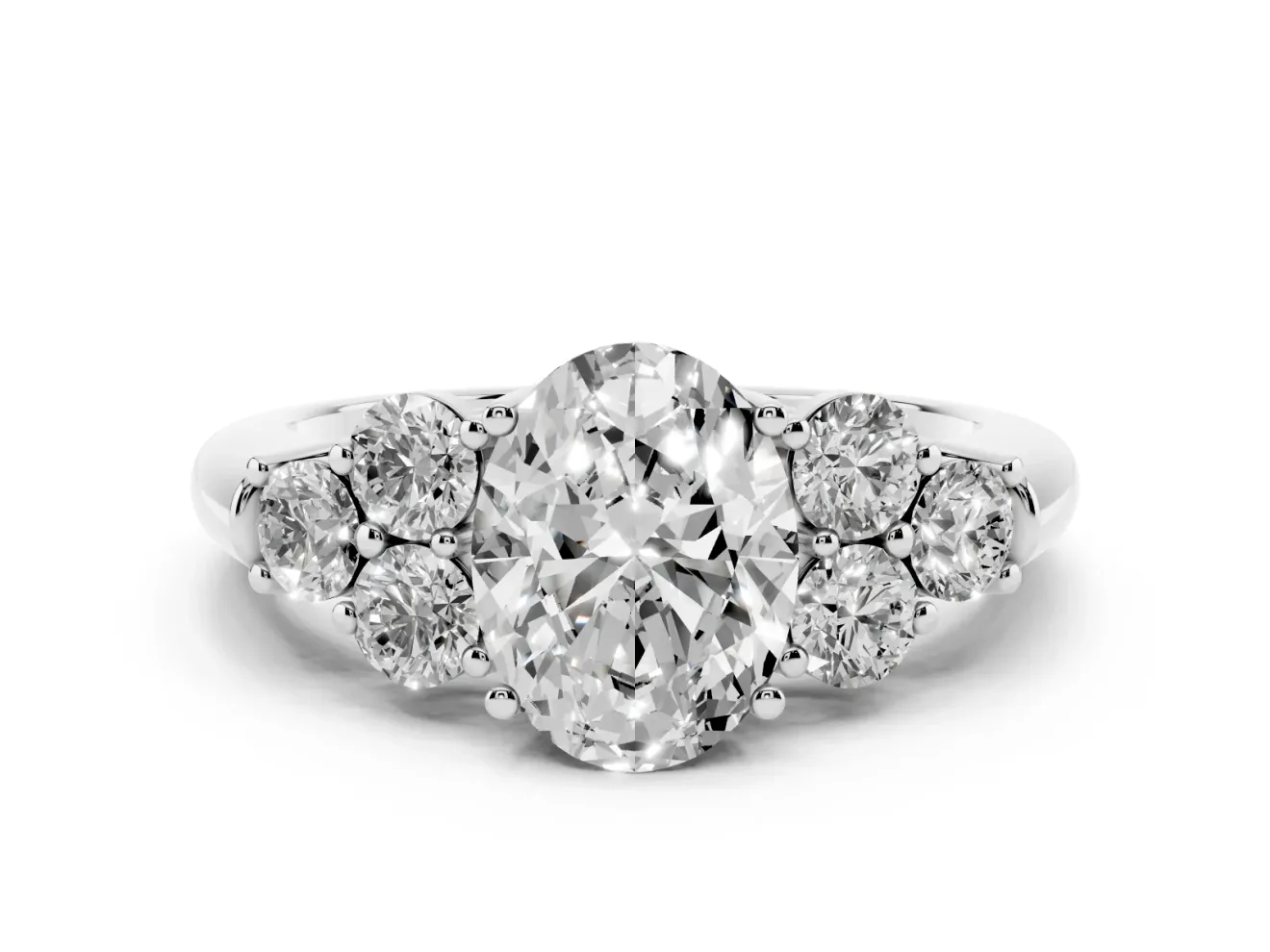 Oval Side Stone Engagement Ring Setting | Triangle Side Clusters | White Gold