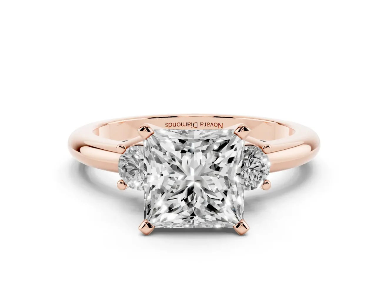 Three-Stone Princess Cut Diamond Ring Set in Rose gold with Prong Setting and Plain Band