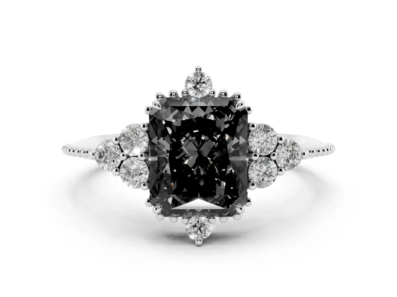 Fancy Black Radiant Cut Diamond Cluster Ring Set in White gold with Beaded Band