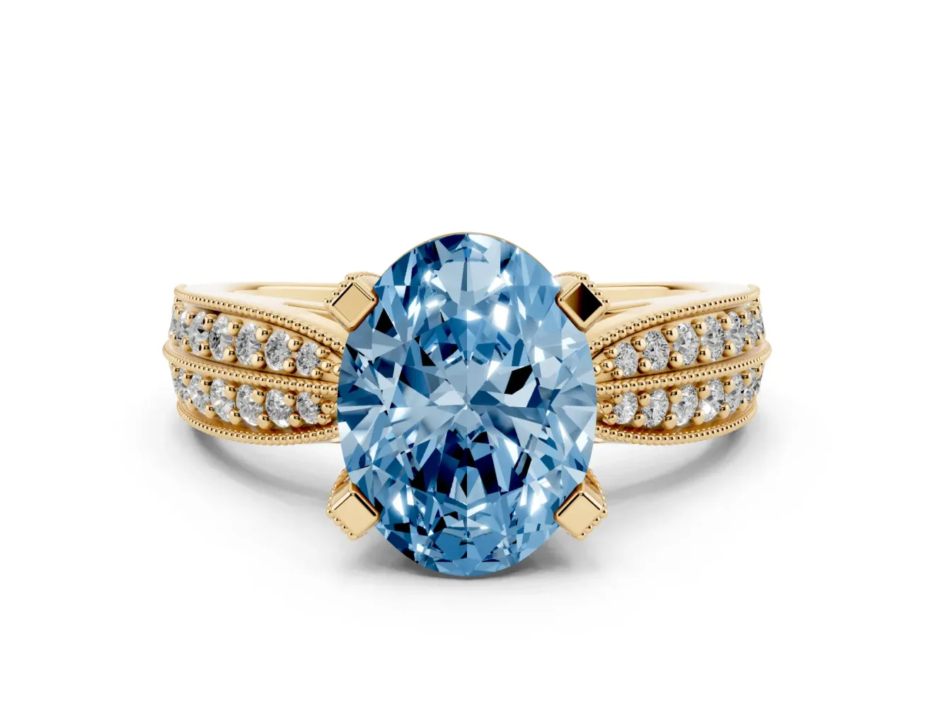 Fancy Blue Oval Cut Diamond Solitaire Ring Set in Yellow gold with Milgrain Double Row Round Pavé Band