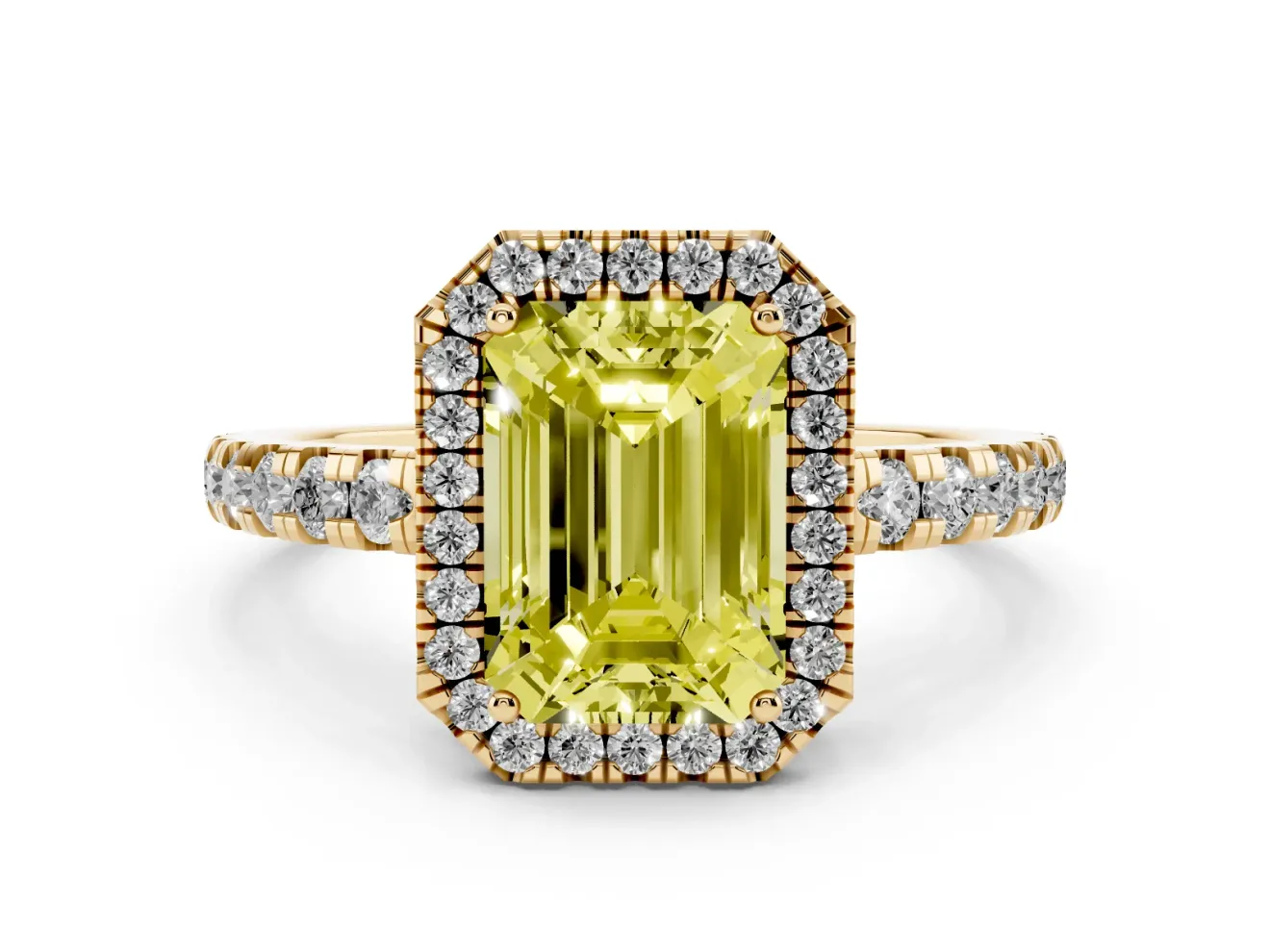 Emerald Cut Halo Engagement Ring Setting for a Fancy Yellow Lab-Grown Diamond | Graduated Pavé Band | Yellow Gold