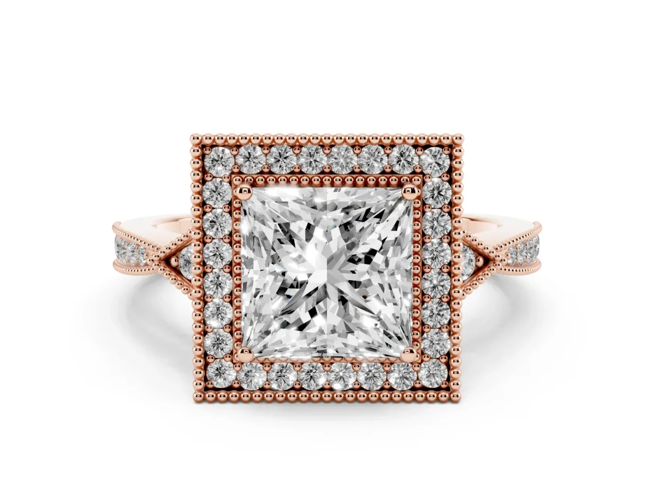Princess Cut Vintage Milgrain Halo Engagement Ring Setting | Graduated Pavé Band | Rose Gold