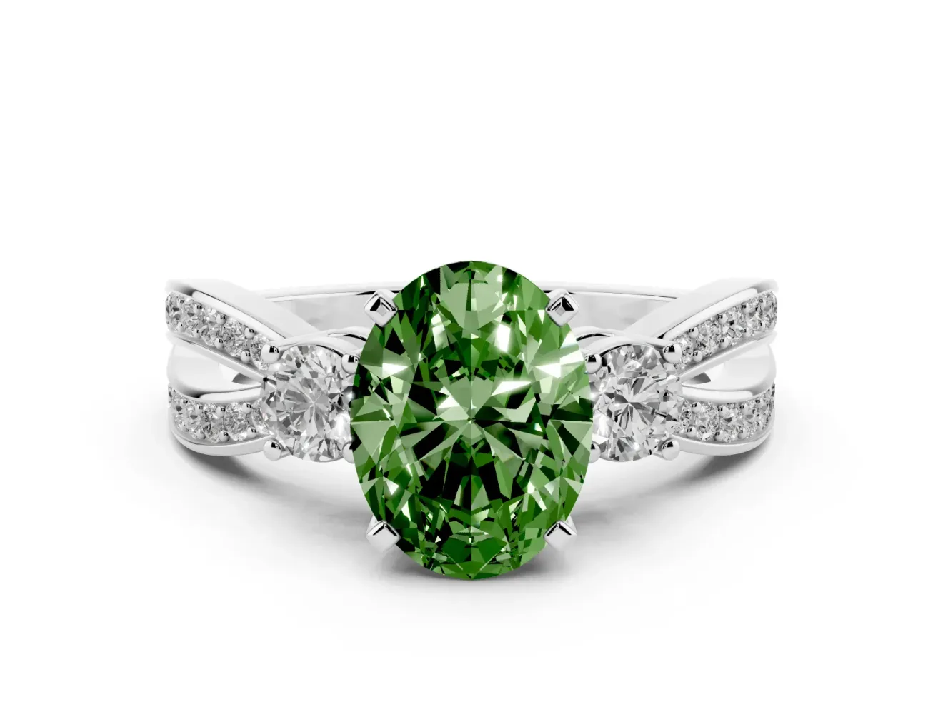 Fancy Green Three-Stone Oval Cut Diamond Twist Band Ring Set in Silver with Pavé Accents and Prong Setting
