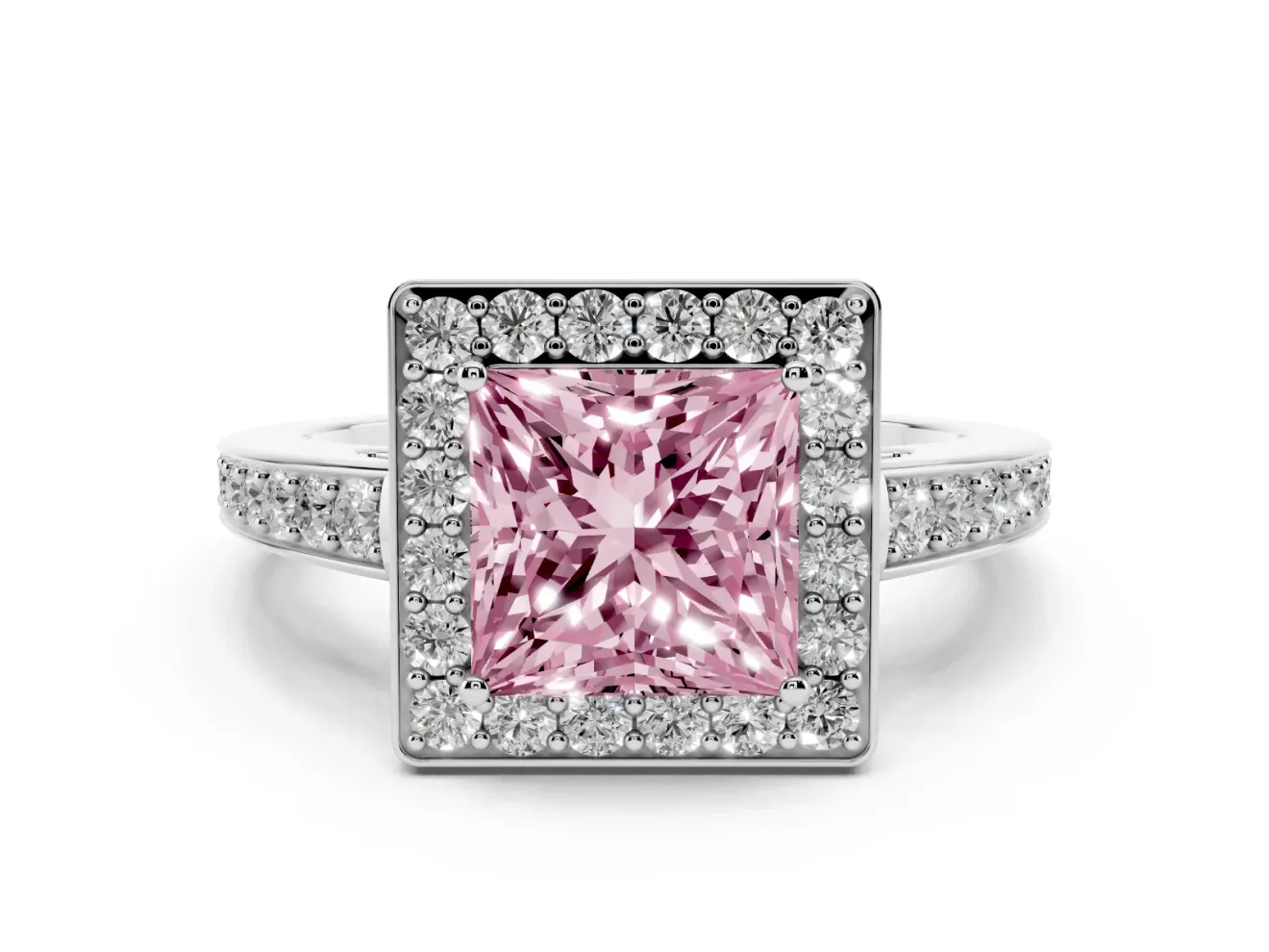 Fancy Pink Princess Cut Diamond Halo Pavé Engagement Ring Set in Platinum with Bezel Setting