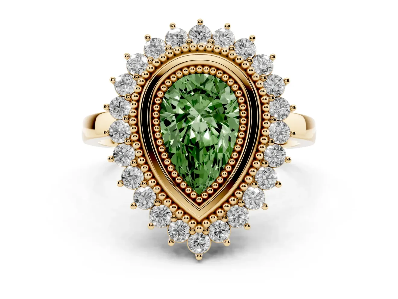 Fancy Green Pear Cut Diamond Halo Ring Set in Yellow gold with Milgrain Edge and Round Prong Setting