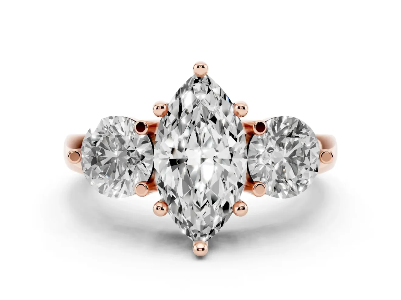 Marquise Cut Diamond Three-Stone Ring Set in Rose gold with Prong Setting and Classic Band
