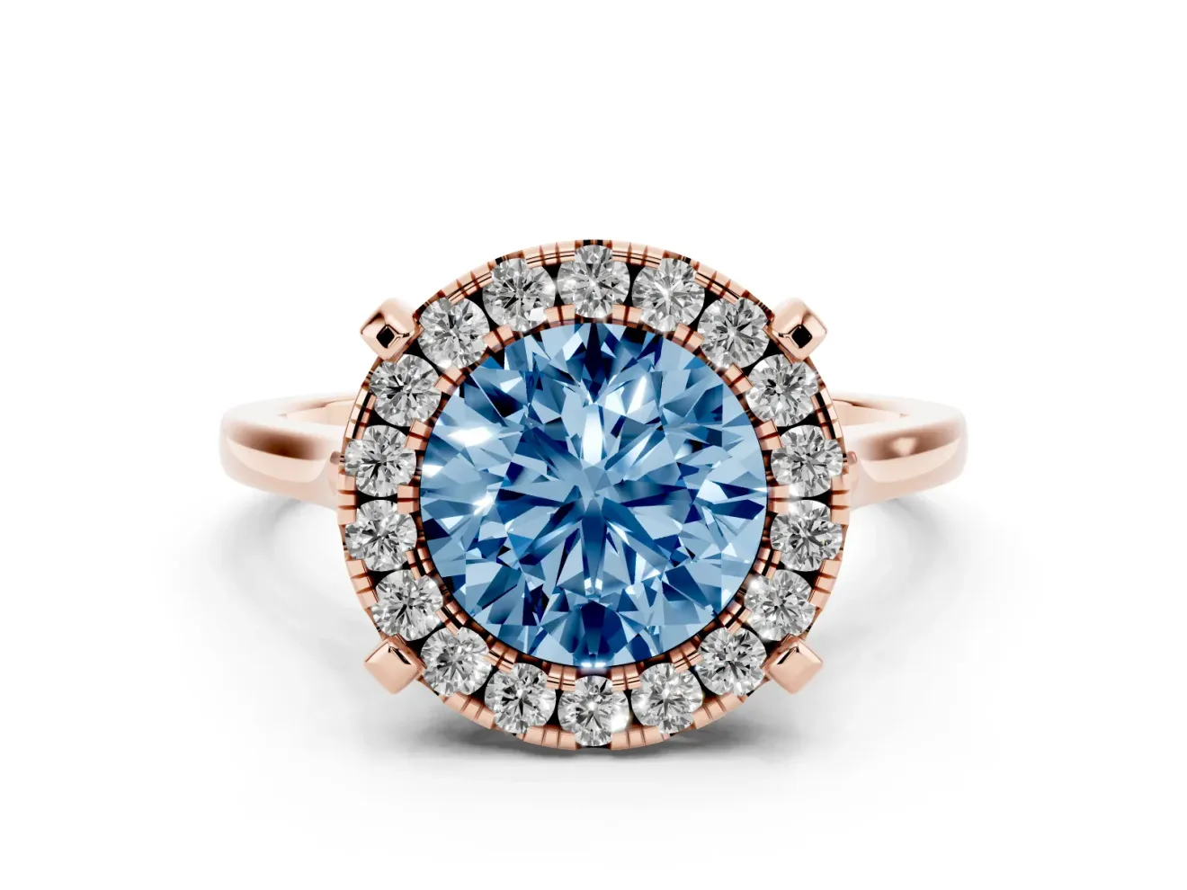 Round Halo Engagement Ring Setting for a Fancy Blue Lab-Grown Diamond | Claw Corners | Rose Gold