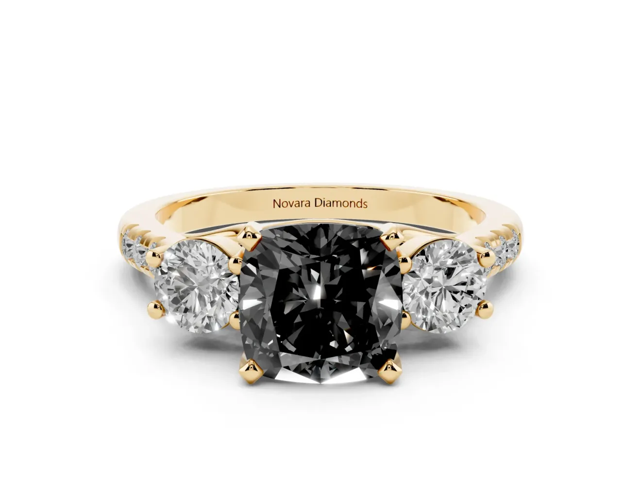 Fancy Black Three-Stone Cushion Cut Diamond Pavé Band Ring Set in Yellow gold with Prong-Set Trio