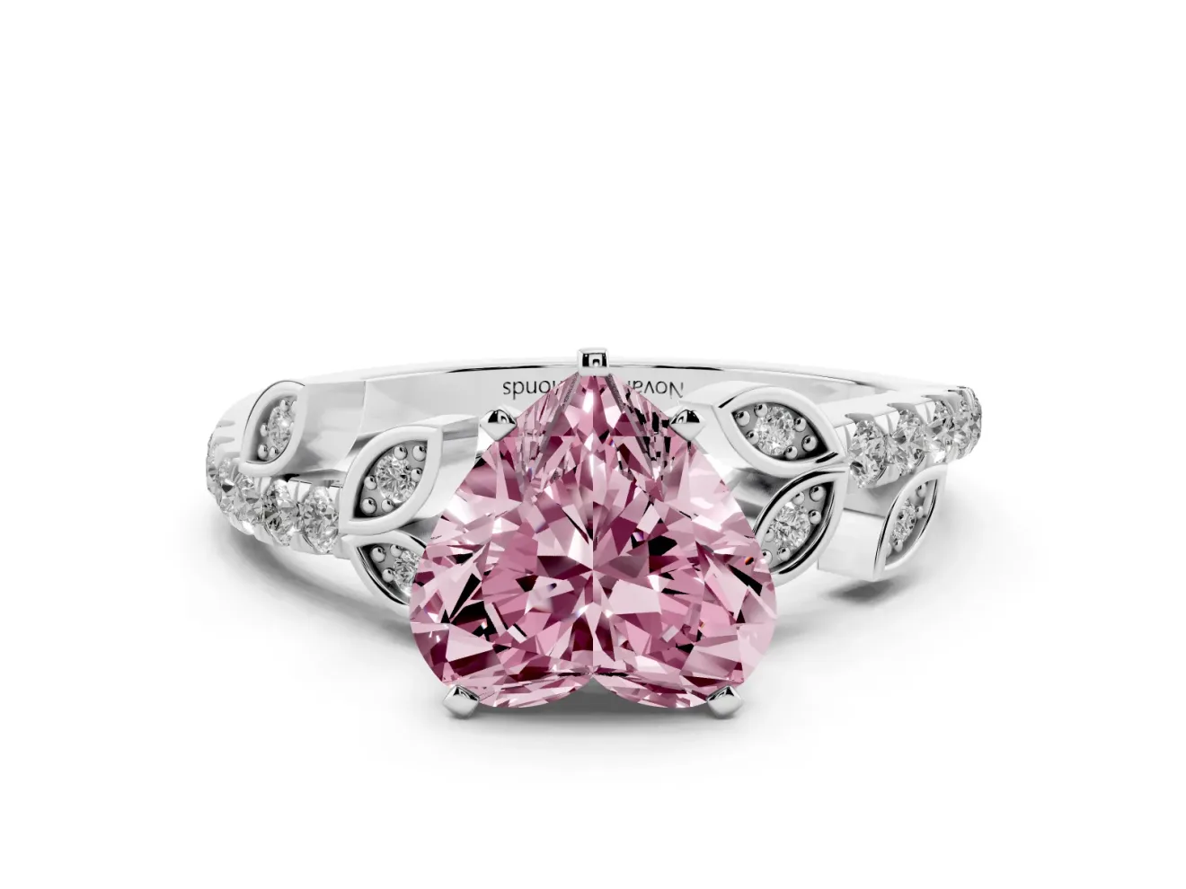 Fancy Pink Heart Cut Diamond Solitaire Leaf-Inspired Ring Set in Silver with Pavé Band and Prong Setting