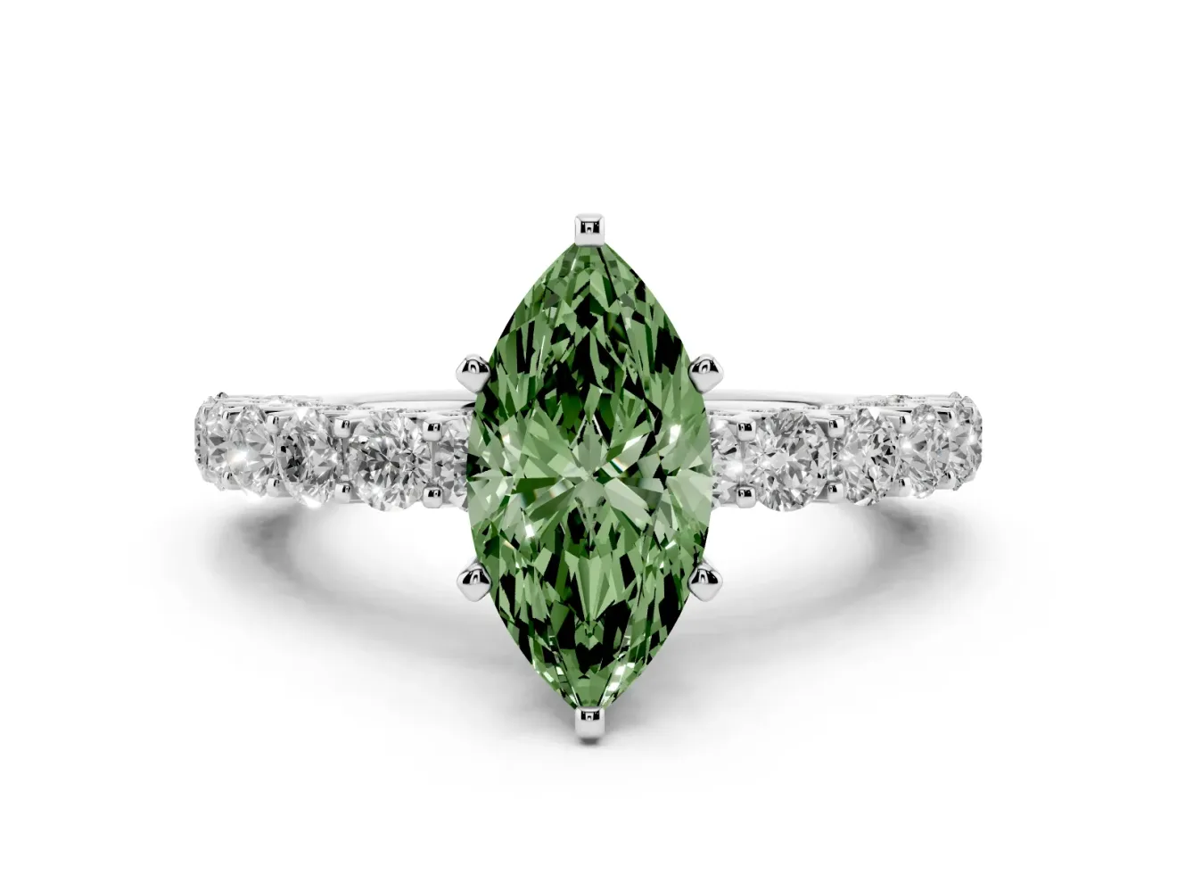 Fancy Green Marquise Cut Diamond Solitaire Ring Set in Silver with Shared Prong Pavé Band