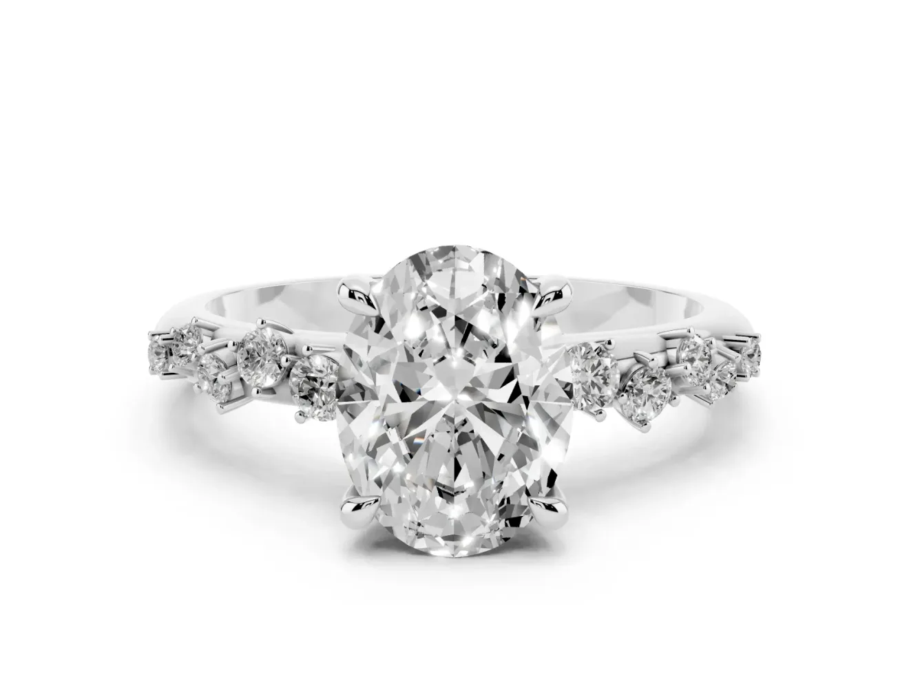 Oval Cut Diamond Solitaire Vine Band Ring Set in White gold with Round Accents and Prong Setting