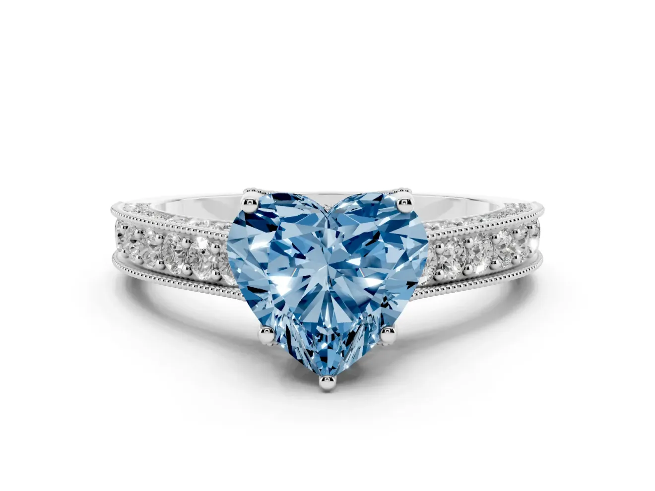 Heart-Shaped Hidden Halo Engagement Ring Setting for a Fancy Blue Lab-Grown Diamond | Milgrain Pave | Platinum