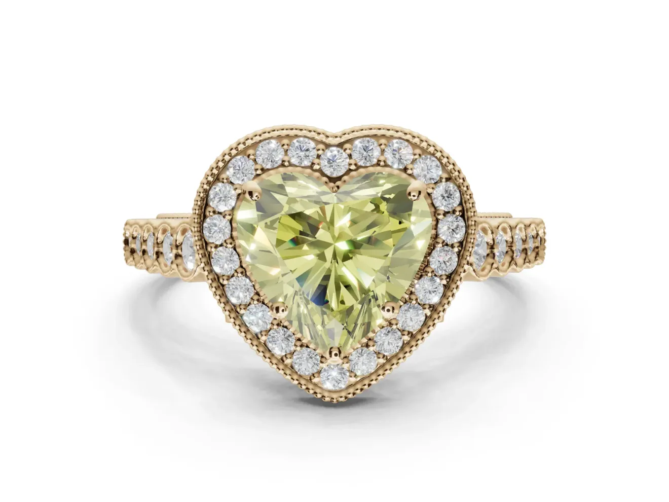 Canary Yellow Heart-Shaped Lab-Grown Diamond Milgrain Halo Solitaire Ring Set in Yellow Gold with Bezel Set Side Stones and Pavé Band