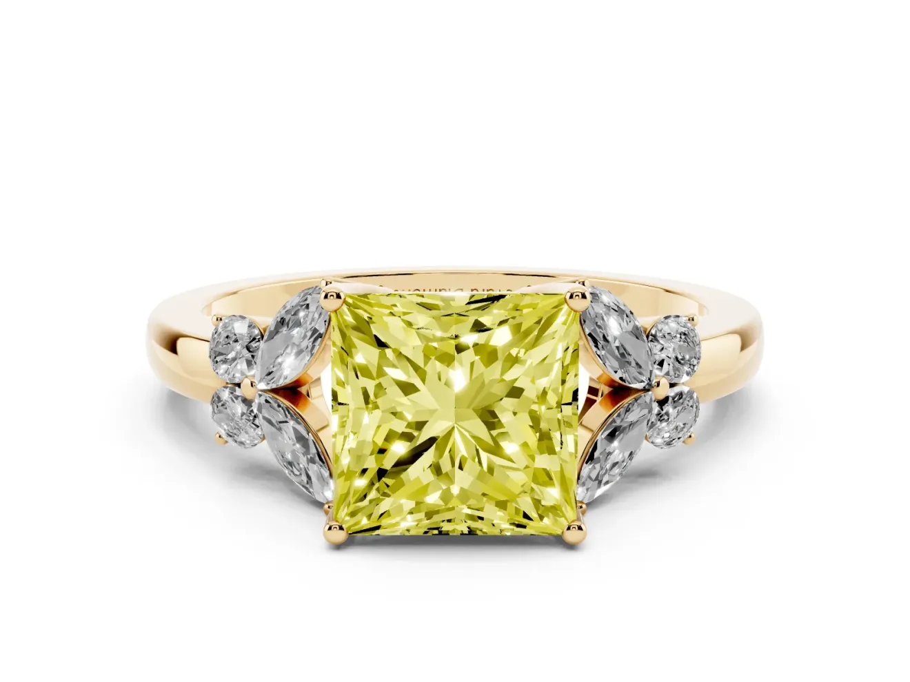 Fancy Yellow Princess Cut Diamond Solitaire Floral Ring Set in Yellow gold with Marquise Petals and Prong Setting
