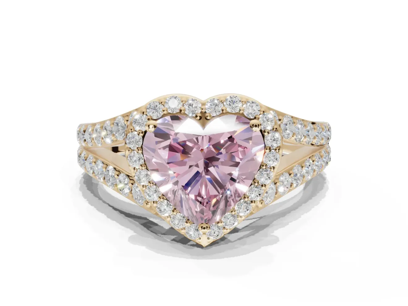 Heart-Shaped Halo Pavé Engagement Ring Setting for a Fancy Pink Lab-Grown Diamond | Narrow Split Shank | Yellow Gold